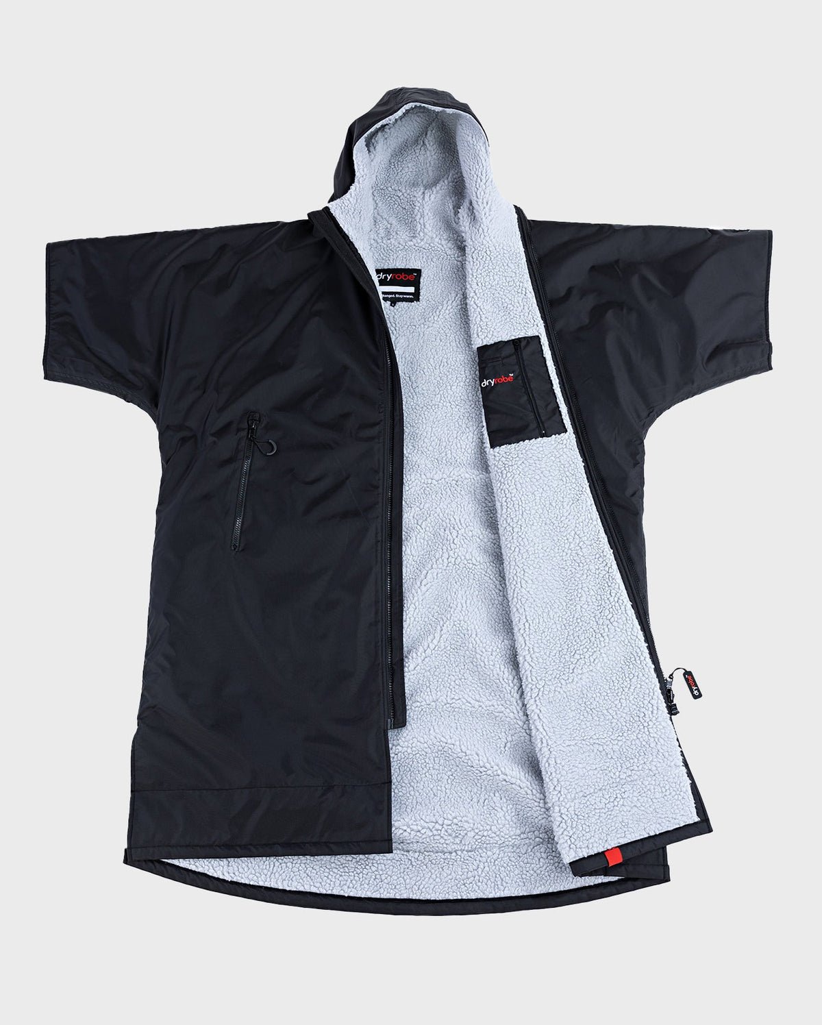 Black dryrobe Advance Short Sleeve opened to show grey fleece lining