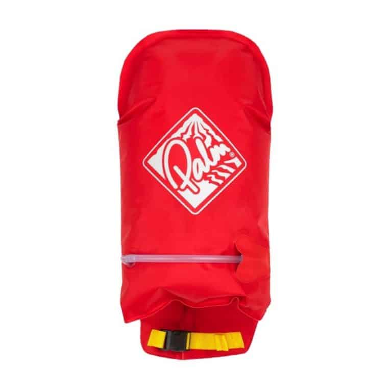 Red inflatable paddle float with yellow attachment strap
