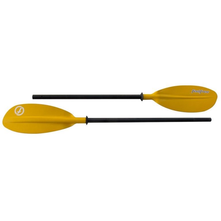 Feelfree Day Tourer fibreglass kayak paddle shown as two sections with yellow blades and black shaft