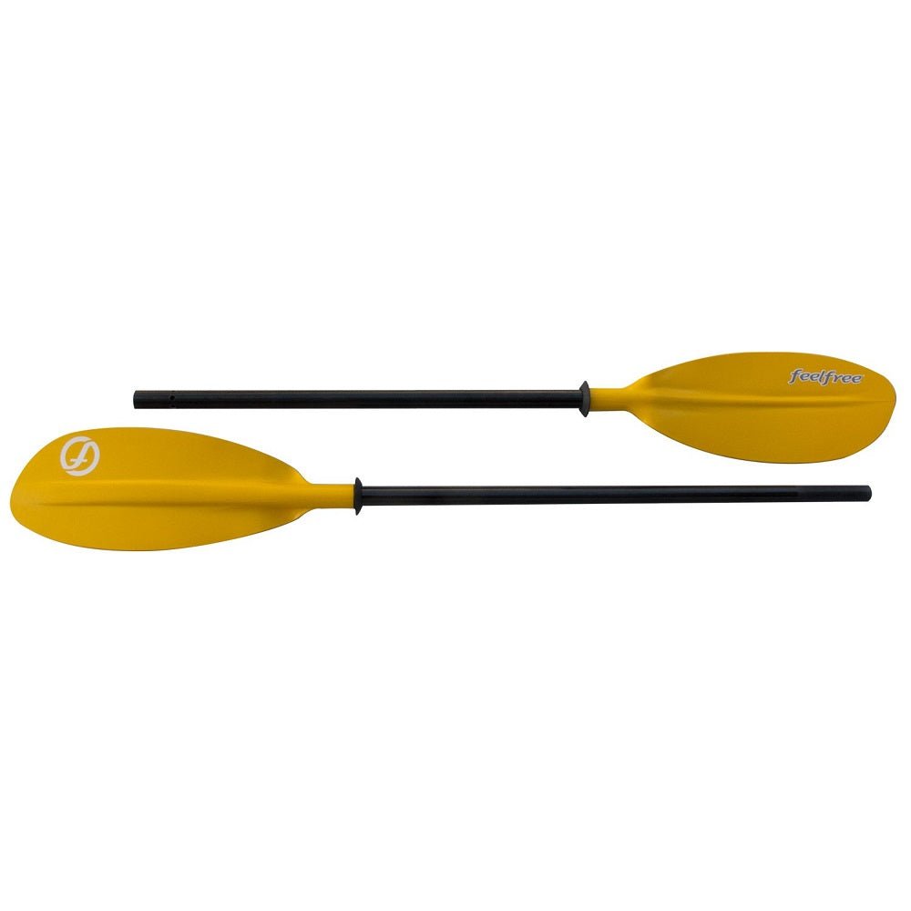 Feelfree Day Tourer fibreglass kayak paddle shown as two sections with yellow blades and black shaft