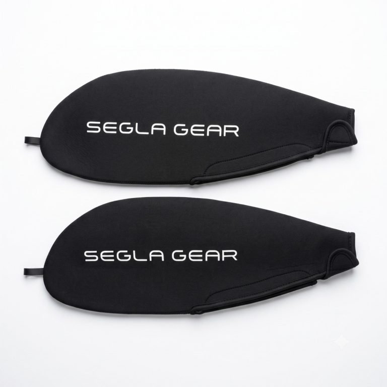 Pair of black Segla neoprene Euroblade paddle covers with white branding