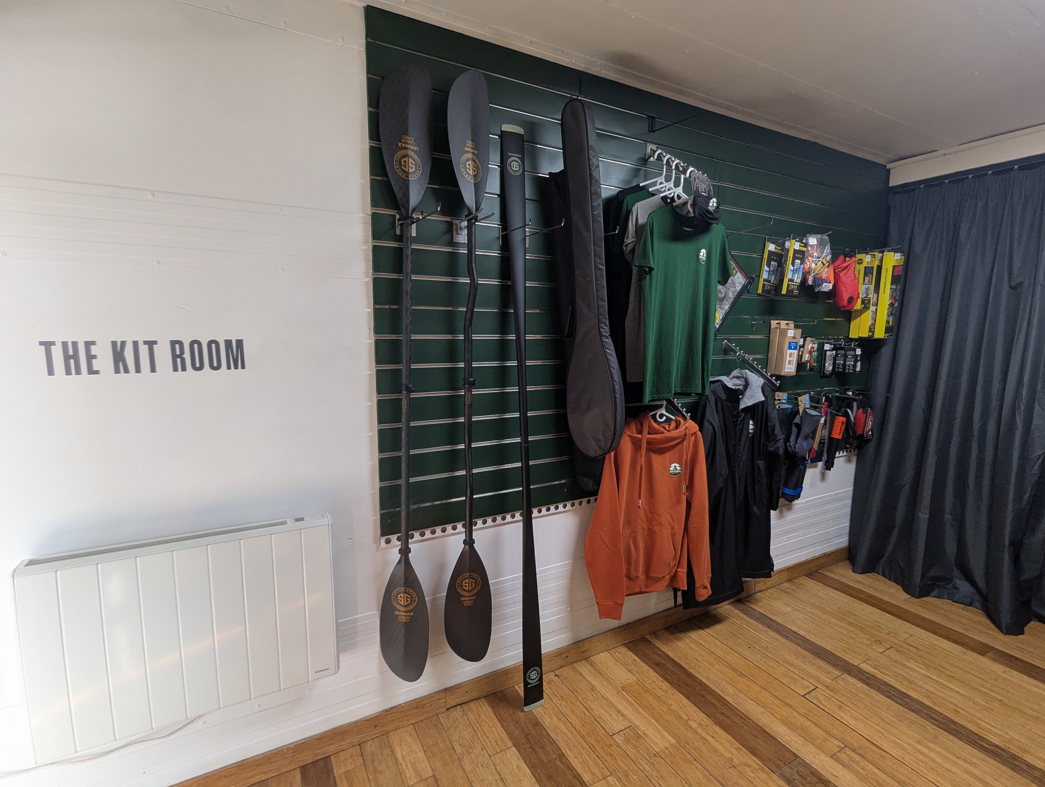 Paddles, clothing and sea kayaking equipment in the Sea Kayak Academy Kit Room
