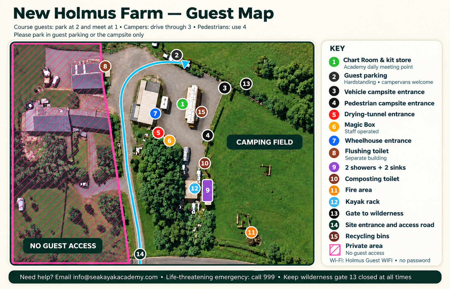Guest map of New Holmus Farm showing the arrival route, facilities, parking, campsite entrances and recycling point