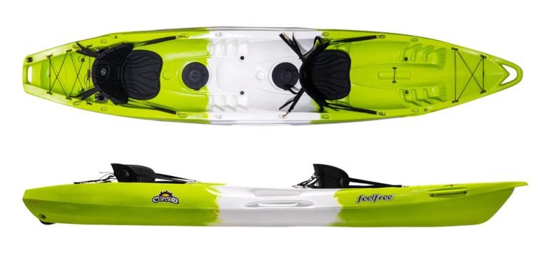 Lime and white Feelfree Corona tandem sit-on-top kayak — manufacturer model illustration